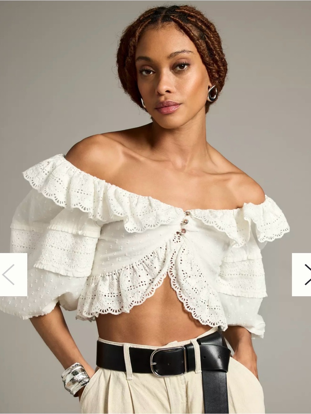 FARM Rio White Eyelet Off-Shoulder Ruffle Crop Top - Picture 2 of 8